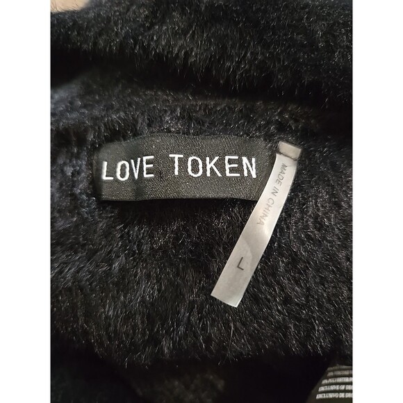 LOVE TOKEN Black Faux Fur Cozy Open Front Cardigan Size Large - Picture 12 of 12